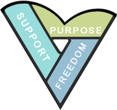 V symbol with "Support", "Purpose", and "Freedom" written inside